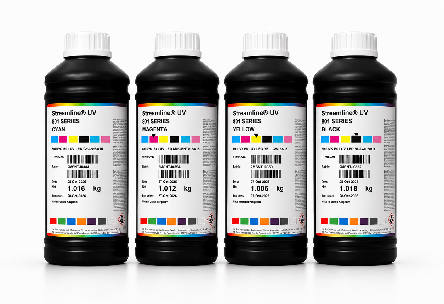 Купити оригінальні УФ-чорнила SunChemical Streamline 801 UV-LED для принтерів на головах Epson. Висока адгезія, стабільність, насичені кольори CMYK + White + Varnish. Сумісні з ColorJet, Docan, JHF, Flora, WitColor, Amica, ArtisJet, Mutoh, Mimaki та ін. О